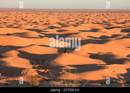 Uomo solitario seduto su un quad tra le dune del deserto del Sahara in Tunisia, con vista sull'infinita sabbia del deserto intorno al tramonto Foto Stock