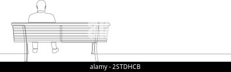 Uomo seduto da solo sulla panchina, disegno a linea continua, vista posteriore. Concetto di solitudine, riposo in panchina o attesa. Illustrazione vettoriale Illustrazione Vettoriale