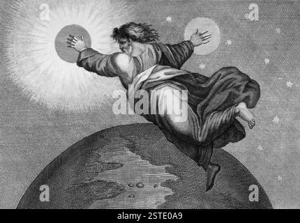 Dio crea il Sole, la Luna e le stelle, illustrazione del XIX secolo Foto Stock