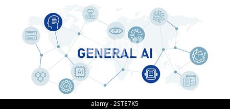 Set di icone di intelligenza artificiale generale con illustrazione la generazione di tecnologie del futuro moderno sistema adattivo macchina per il processo decisionale simile a quella umana artificiale Illustrazione Vettoriale