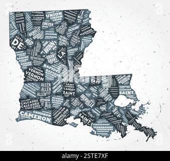 Le nuvole di parole delle contee della Louisiana. Indicare la forma su sfondo testurizzato. Design della Louisiana in stile tipografico. Incredibile illustrazione vettoriale. Illustrazione Vettoriale