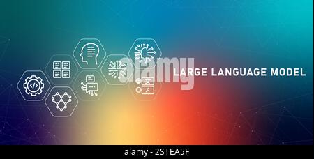 Modello di linguaggio ampio sistema di elaborazione Gradient header LLM Big Data informazioni di programmazione deep learning intelligenza artificiale per la traduzione di tecnologie moderne Illustrazione Vettoriale