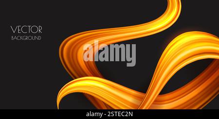 Nastro sfumato in oro astratto su sfondo nero. Illustrazione moderna 3d vettoriale. Elegante elemento decorativo lucido per banner, presentazioni, pos Illustrazione Vettoriale