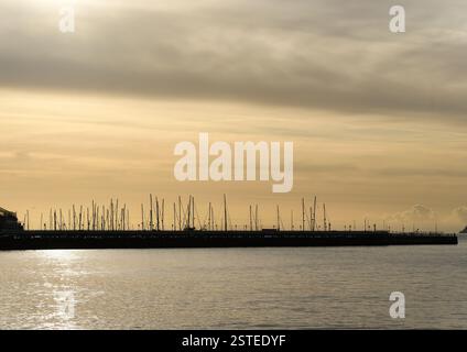 Nuvole nebbiose al mattino presto sugli alberi delle barche nel porticciolo di Torquay, Devon, Inghilterra. Foto Stock