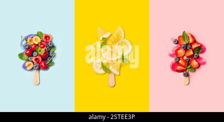 Trio di papaveri per insalata di frutta a metà fusione presentati su sfondi blu pastello, giallo e rosa. Foto Stock