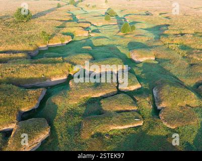 Paesaggio carsico unico in Estonia: Un drone cattura gli intricati motivi di un letto di fiume essiccato tra lussureggianti colline verdi, che mostrano l'affascinante bea Foto Stock