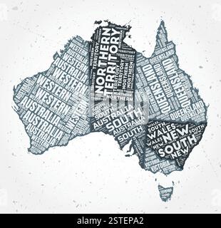 Nuvole di parole delle regioni dell'Australia. Forma del paese su sfondo testurizzato. Design australiano in stile tipografico. Elegante illustrazione vettoriale. Illustrazione Vettoriale