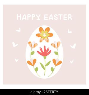 Pasqua, design vettoriale con uovo e ornamento floreale, biglietto d'auguri, modello quadrato con un posto per il testo. Per la progettazione di striscioni e cartoline in onore delle celebrazioni pasquali. Illustrazione Vettoriale