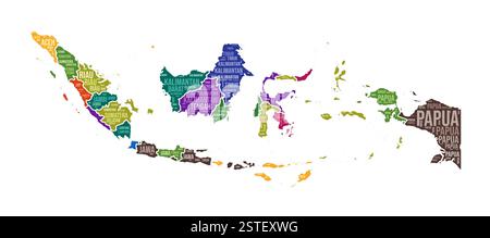 Forma indonesiana. Cloud di parole del paese con divisione regionale. Illustrazione colorata per l'Indonesia. Fumetto nomi area. Illustrazione vettoriale. Illustrazione Vettoriale