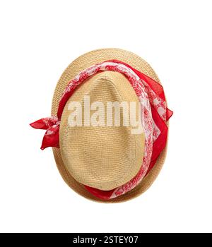Veduta dall'alto del cappello fedora in paglia gialla con foulard rossa avvolto, fessura isolata sul bianco Foto Stock