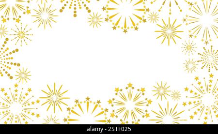 I fuochi d'artificio dorati sono incorniciati su sfondo bianco. Biglietto di auguri Festival con spazio vuoto per il testo. Illustrazione Vettoriale