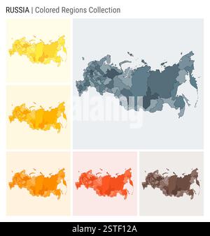 Collezione di mappe della Russia. Forma del paese con regioni colorate. Blu grigio, giallo, ambra, arancione, arancione profondo, tavolozze di colore marrone. Illustrazione Vettoriale