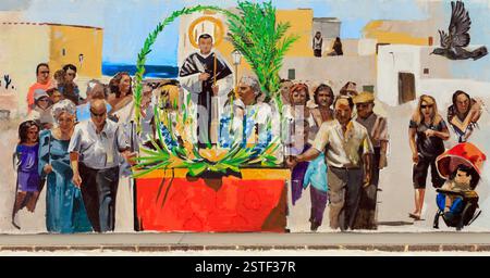 Colorato murale comunitario nella chiesa di Martin de Porres, El Roque, oliva, Fuerteventura, Isole Canarie, Spagna, UE. - L'inverno 2024 Foto Stock