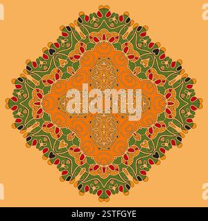 Mandala Orientale verde e arancione. Sfondo Mandala abstract retrò ornato per biglietti d'auguri, brochure, cartolina o invito con Foto Stock