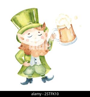 Grazioso Leprechaun in un tradizionale cappello verde e costume con tazza di birra leggera. Illustrazione ad acquerello disegnata a mano di un elfo nano fortunato con la barba Foto Stock