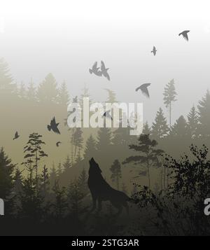 Un lupo urla in una foresta nebbiosa. disegno a mano. Non ai, illustrazione vettoriale. Illustrazione Vettoriale