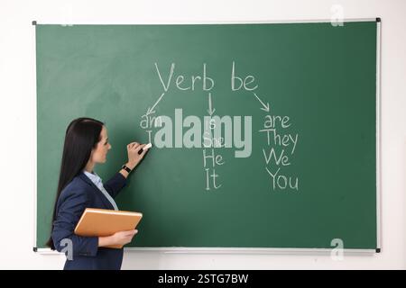 Insegnante di inglese durante la lezione vicino alla lavagna in classe Foto Stock