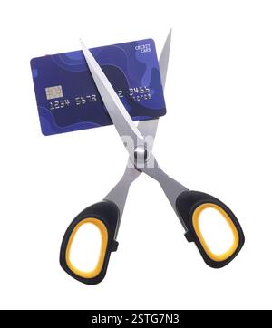 Carta di credito e forbici isolate su bianco Foto Stock