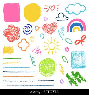 Set di matita astratta per pastelli e icone naturali di gesso. Forme e tratti multicolori tracciati a mano su sfondo bianco. Graff Illustrazione Vettoriale