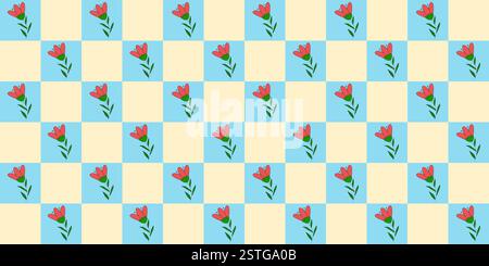 Motivo senza cuciture con tulipani rossi fioriti o fiori di prato, su sfondo giallo e blu a quadri, illustrazione vettoriale stile doodle Illustrazione Vettoriale