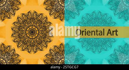 Copertina dell'invito basata su Oriental Art Print. Ornamento da yoga, yantra caleidoscopico. Pizzo senza cuciture. Vettore orientale. Islamico, Arabi Foto Stock