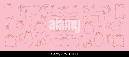 Set di telai a nastro ad arco, divisori, separatori, bordi angolari, archi legati. Illustrazione vettoriale dello schizzo del doodle della linea carina. Tendenza estetica Illustrazione Vettoriale