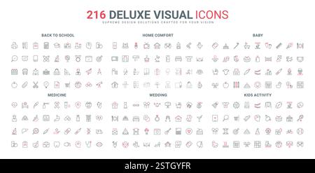 Elettrodomestici e piante, animali domestici per il comfort della casa, medicina, set di icone della linea nuziale. Giochi all'aperto e al chiuso e attività per bambini, baby care sottili simboli di contorno neri e rossi illustrazione vettoriale Illustrazione Vettoriale