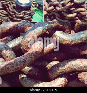 Vecchio arrugginito pier maglia di catena closeup collage di foto Foto Stock