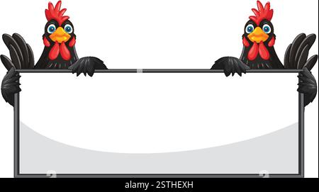 Due polli cartoni animati con un segno bianco Illustrazione Vettoriale