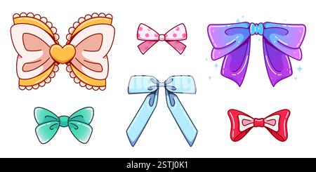 Fiocchi estetici Y2K con colori pastello - nastri decorati con cuore, finiture in pizzo e motivi a pois. Elementi cartoni animati Kawaii con glitter per un design di adesivi digitali retrò. Accessori femminili. Illustrazione Vettoriale