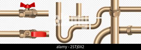 Set di tubi e connettori per tubazioni Golden: Tubi dritti, elementi curvi, valvole con maniglie rosse in stile 3d. Segmenti, giunti e impianti in rame realistici per il sistema di approvvigionamento idrico delle costruzioni. Illustrazione Vettoriale