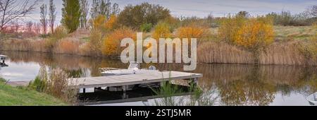 Legno, piattaforma e foresta con lago di natura panoramica, alberi e barche per piccoli ormeggi nella palude o sul fiume. Vuoto, striscione e acqua con ponte in legno o. Foto Stock