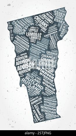 Le nuvole di parole delle contee del Vermont. Indicare la forma su sfondo testurizzato. Design del Vermont in stile tipografico. Elegante illustrazione vettoriale. Illustrazione Vettoriale
