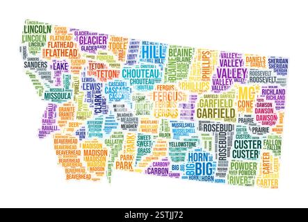 Cloud di parole della contea del Montana. Design della forma dello stato. Illustrazione a colori Montana. I nomi delle contee collage cloud. Illustrazione vettoriale. Illustrazione Vettoriale