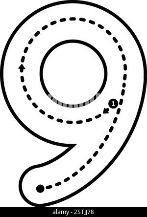 Traccia numero 9 pre-scrittura linea tratteggiata matematica elemento del foglio di lavoro per bambini asilo e prescolare per l'attività di pratica di scrittura a mano Illustrazione Vettoriale