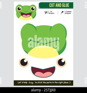 Una deliziosa attività di taglio e incollaggio delle rane che aiuta i bambini a sviluppare creatività e abilità motorie. Ideale per le aule e l'ambiente di apprendimento domestico Illustrazione Vettoriale