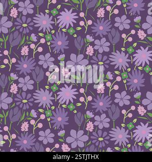 Splendido motivo floreale primaverile senza cuciture con fiori estivi viola e verde brillante. Ditsy botanico ripetere sfondo viola scuro. Illustrazione Vettoriale
