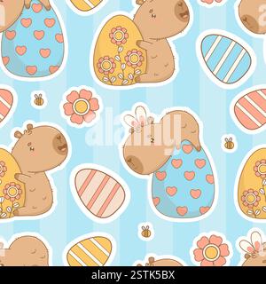 Motivo pasquale senza cuciture. Simpatico e divertente adesivo Capybara con uova pasquali su sfondo a strisce blu. Sfondo del modello di animali kawaii dei cartoni animati natalizi. Ve Illustrazione Vettoriale
