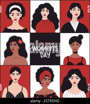 Banner per la festa della donna. Donna elegante e variegata. Ritratto femminile moderno e minimalista in forme geometriche ripetute. Vacanze internazionali 8 marzo. VECTO Illustrazione Vettoriale