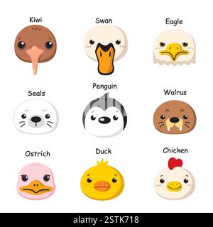 Set di icone raffiguranti la testa di un animale carino. Adorabile collezione di animali selvatici Illustrazione Vettoriale