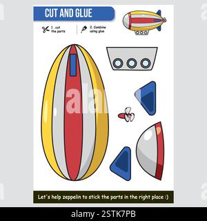 Attività Cartoon zeppelin taglio e incollaggio per bambini foglio di lavoro didattico Illustrazione Vettoriale