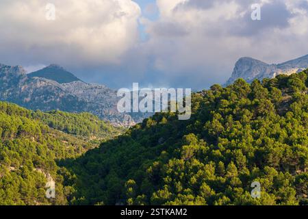 Vista panoramica della catena montuosa di Tramuntana sotto il cielo nuvoloso blu. Maiorca beauty, Isole Baleari, Spagna Foto Stock