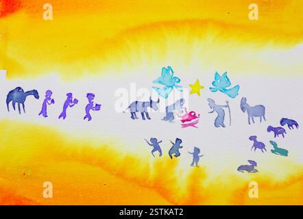 illustrazione acquerello, cristiana, presepe Foto Stock