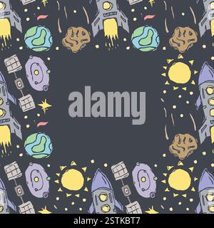 Telaio spaziale. Schizzo dello spazio. Sfondo Cosmos disegnato. Illustrazione vettoriale dello spazio con pianeti, comete, stelle, luna, sole e buco nero Illustrazione Vettoriale