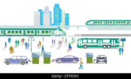 Treno espresso e autobus, auto elettriche, città verde, illustrazione Foto Stock