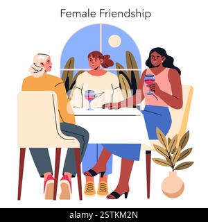 Illustrazione dell'amicizia femminile. Un caldo raduno di donne che si godono la compagnia dell'altra sorseggiando un drink in un'atmosfera accogliente. Rappresenta la connessione, il supporto e la gioia in relazioni significative. Illustrazione vettoriale. Illustrazione Vettoriale