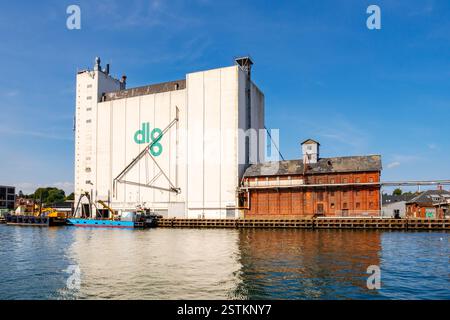 Storici silos di grano ed edifici di stoccaggio a Eastern Quay, Østre Kaj, nel vecchio porto di Svendborg lungo Svenborgsund, Danimarca meridionale Foto Stock
