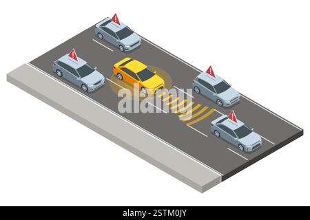Visualizzazione isometrica del modo in cui interagiscono i veicoli autonomi a guida autonoma. Le auto robotiche alimentate DALL'INTELLIGENZA ARTIFICIALE attraversano una strada trafficata della città, utilizzando i sensori per eseguire la scansione Illustrazione Vettoriale