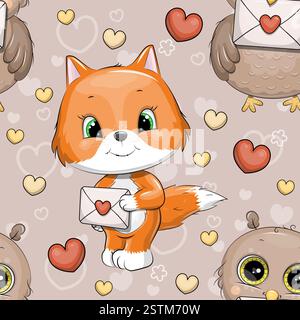 Motivo senza cuciture con graziosa volpe e gufo con lettere d'amore. Illustrazione vettoriale su sfondo grigio con animali, lettere d'amore e cuori. Illustrazione Vettoriale