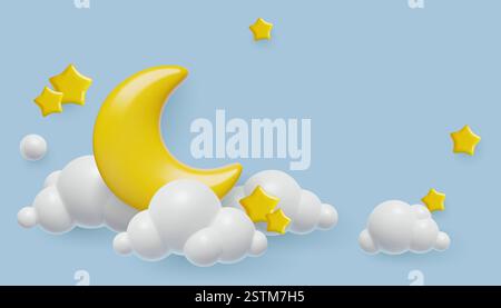 3d Crescent Moon Stars and Clouds notte dorme sullo sfondo in un simpatico stile di plastica per bambini Illustrazione Vettoriale